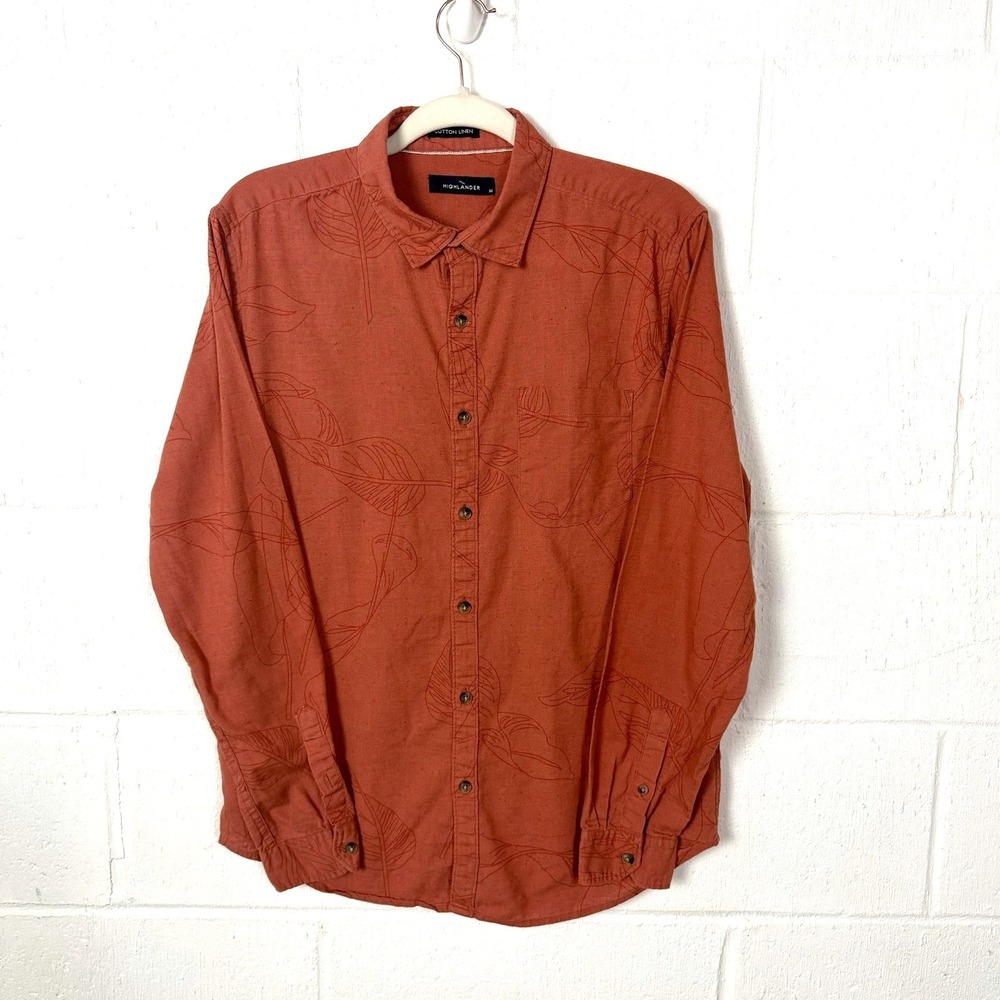 Highlander Men's Long Sleeve Linen Blend Shirt SZ M Tropical Leaf Print Resort